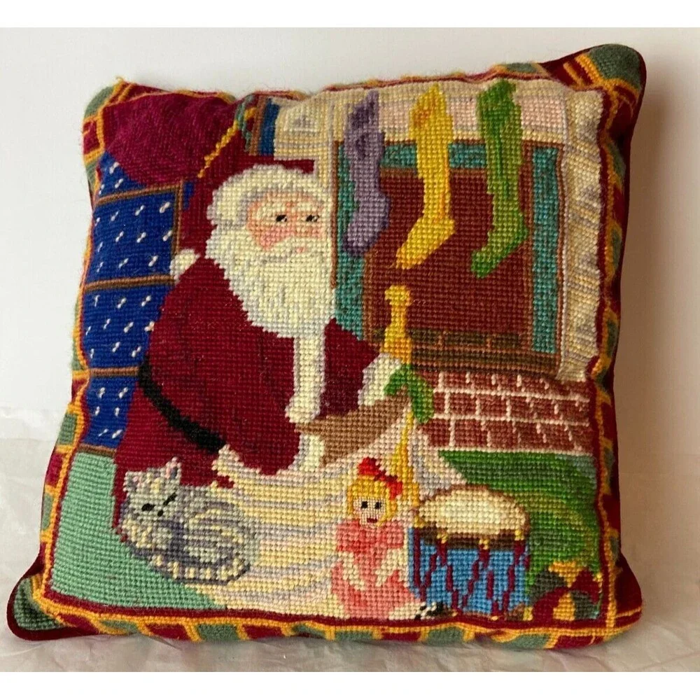 VTG Needlepoint Santa Throw Pillow Velvet Embroidery Christmas Home Decor 11